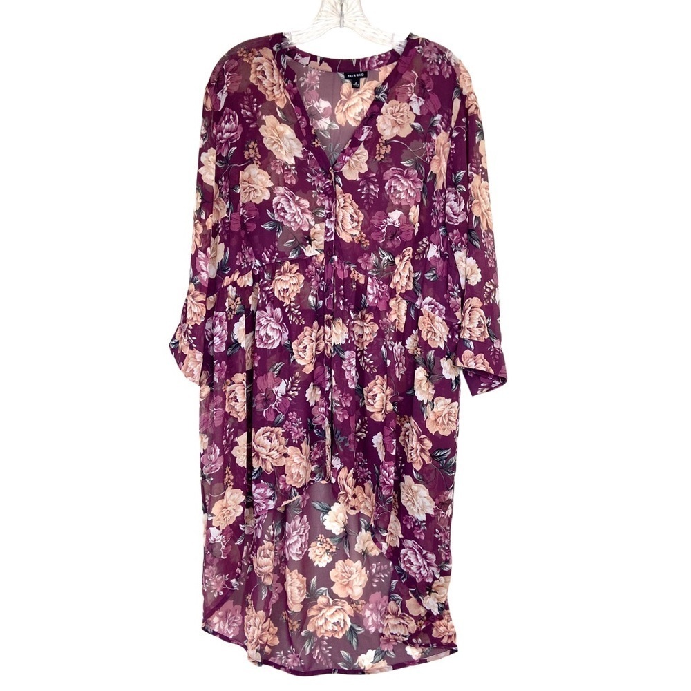 Torrid Chiffon Tunic Top Floral Burgundy Hi Lo 3/4 Roll Tab Sleeve Size 2X